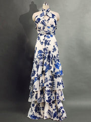 Derpai Elegantes langes Boho-Kleid mit Blumenprint Neckholder & Rüschen-Saum – für Urlaub & Ball