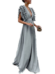 Derpai Maxi-Abendkleid mit Volants & tiefem Ausschnitt – für Hochzeit