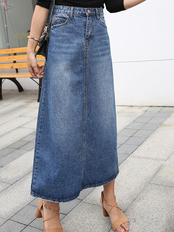 Derpai Langer Jeansrock mit hoher Taille Taschen und Knöpfen – Modischer Damenrock