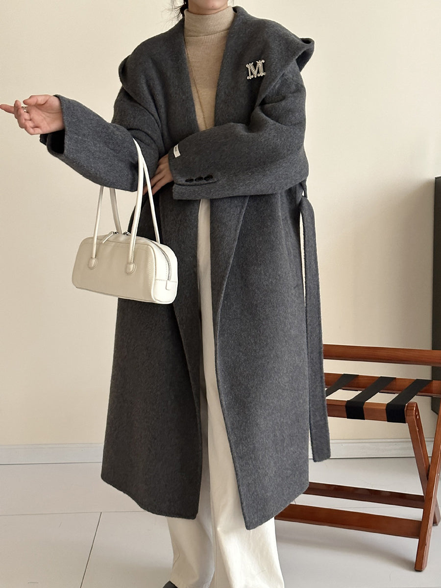 Derpai Langer Wollmantel mit Taschen Gürtel und Kapuze Damen