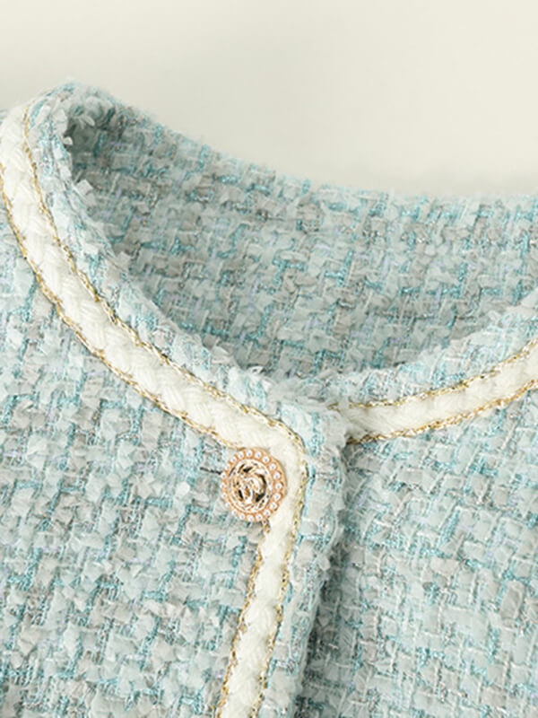Derpai Kurze Tweedjacke mit Knopfleiste und Taschen Damen elegant Blau