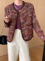 Derpai Karierte Tweedjacke mit kontrastierendem Besatz Damen Rot elegant Weihnachten