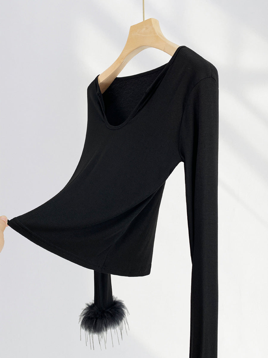 Derpai Modisches Damen-Oberteil mit Federn und langen Ärmeln aus Baumwolle & Polyester