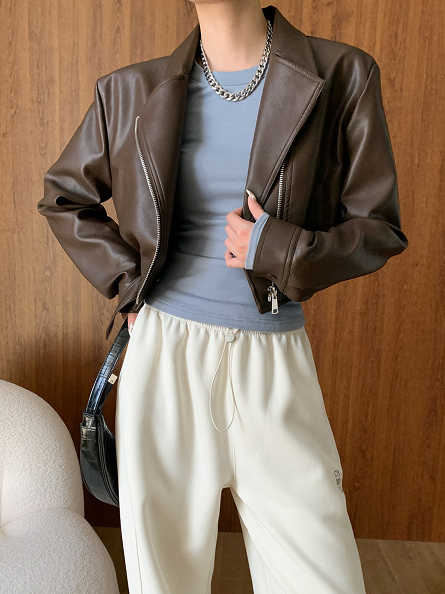 Derpai Kurze Damen-Bikerjacke aus Kunstleder mit Taschen und Reißverschluss