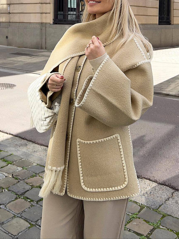 Derpai Modischer Wollmantel mit Fransen und Schal – Damenmode