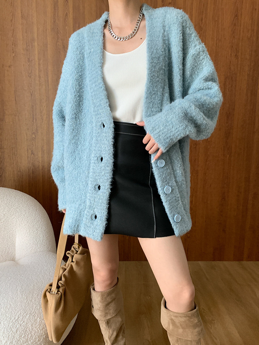 Derpai Strickjacke mit Knopfleiste Damen modisch Blau