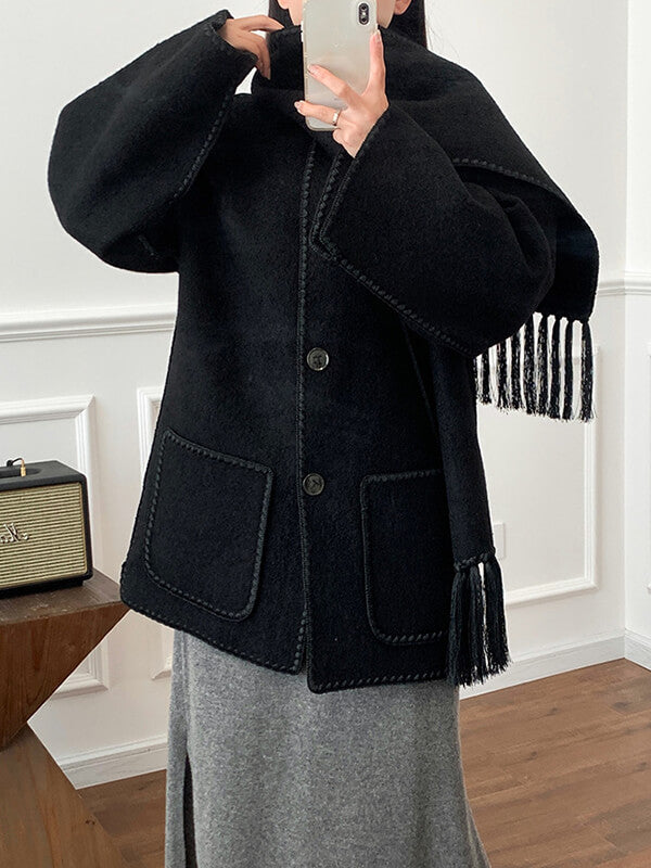 Derpai Modischer Wollmantel mit Fransen und Schal – Damenmode