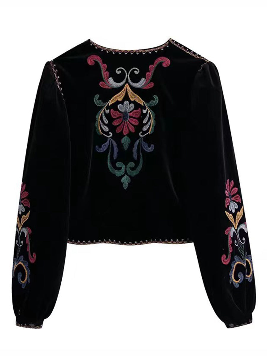 Derpai Kurze Samtjacke mit Stickerei Damen Ethno-Stil