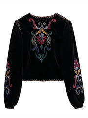 Derpai Kurze Samtjacke mit Stickerei Damen Ethno-Stil