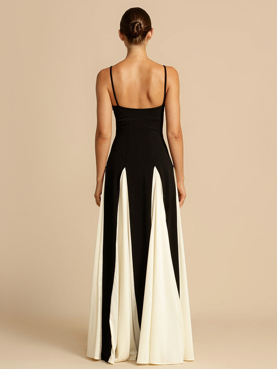 Derpai Zweifarbiges langes Kleid in Schwarz-Weiß dünne Träger elegant Abendmode
