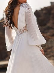 Derpai Prinzessinnen-Brautkleid aus Chiffon V-Ausschnitt Rückenfrei Boho-Stil