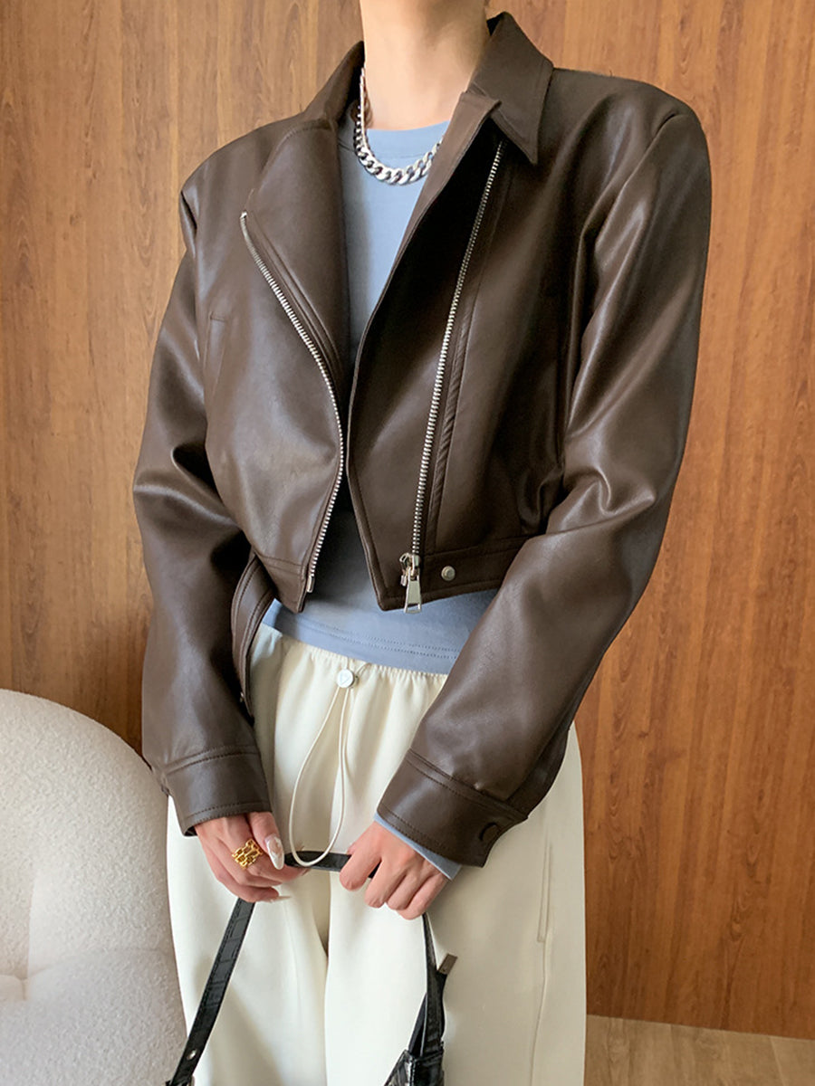 Derpai Kurze Damen-Bikerjacke aus Kunstleder mit Taschen und Reißverschluss