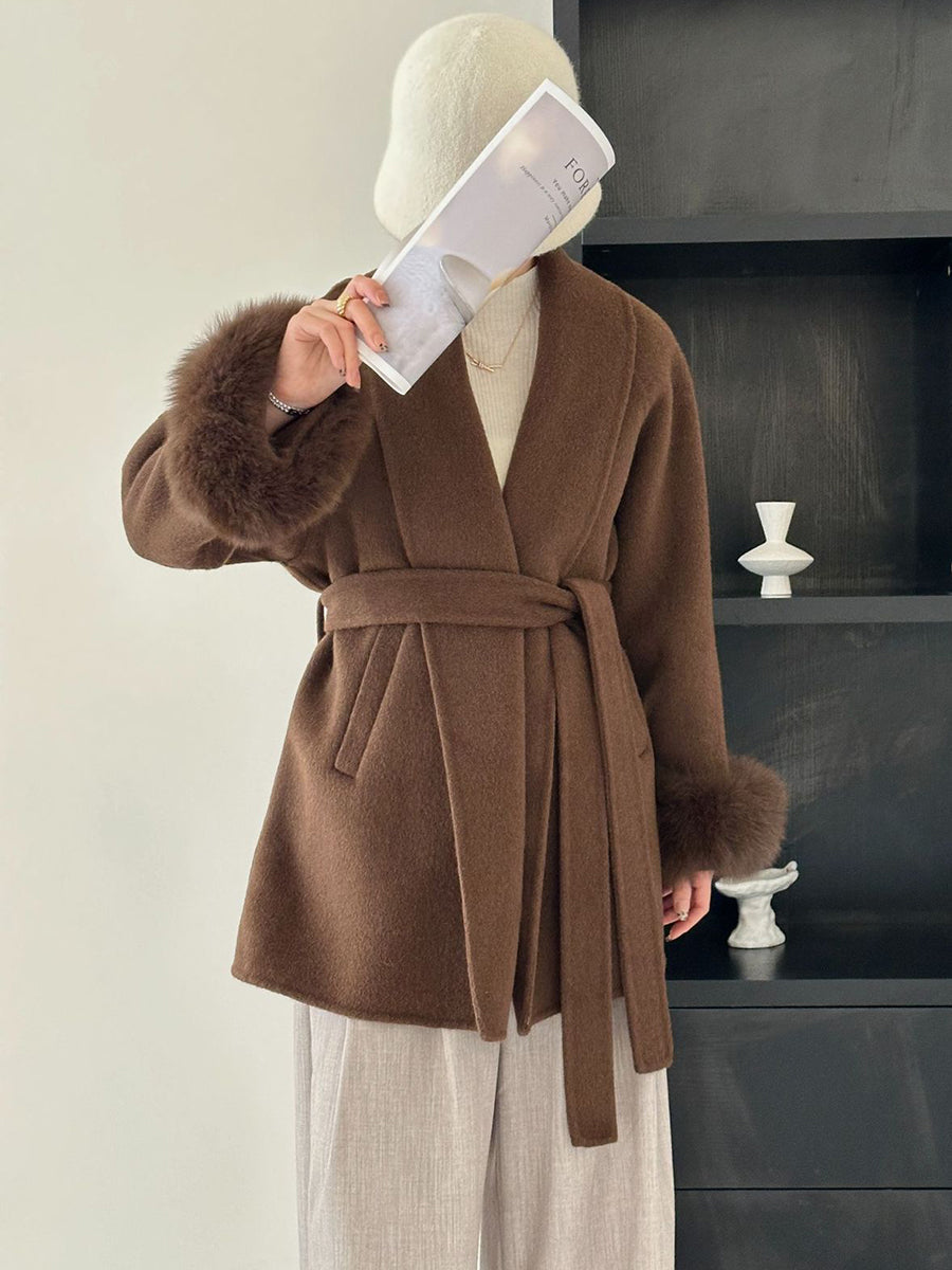 Derpai Kurzer Wollmantel mit Kunstpelz und Gürtel Damen