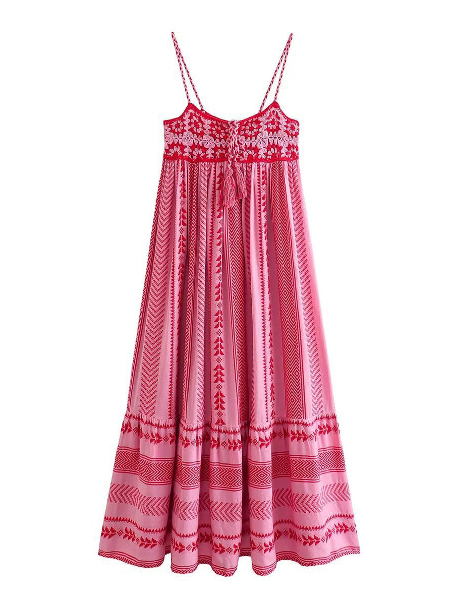 Derpai Rosa gestreiftes langes Trägerkleid im Boho-Stil mit Rückenausschnitt – Urlaub & Alltag
