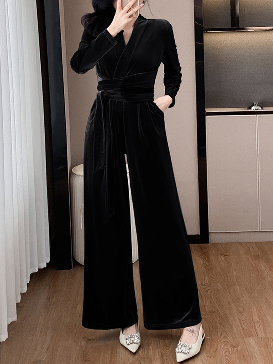 Derpai Samt-Strappy-Jumpsuit mit V-Ausschnitt und langen Ärmeln elegant Damen