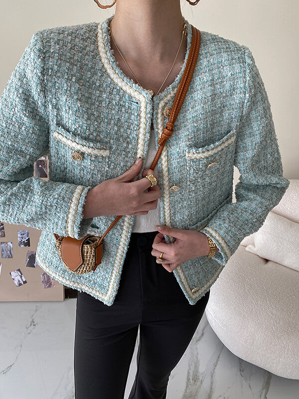 Derpai Kurze Tweedjacke mit Knopfleiste und Taschen Damen elegant Blau