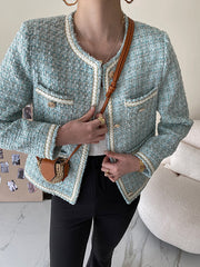 Derpai Kurze Tweedjacke mit Knopfleiste und Taschen Damen elegant Blau