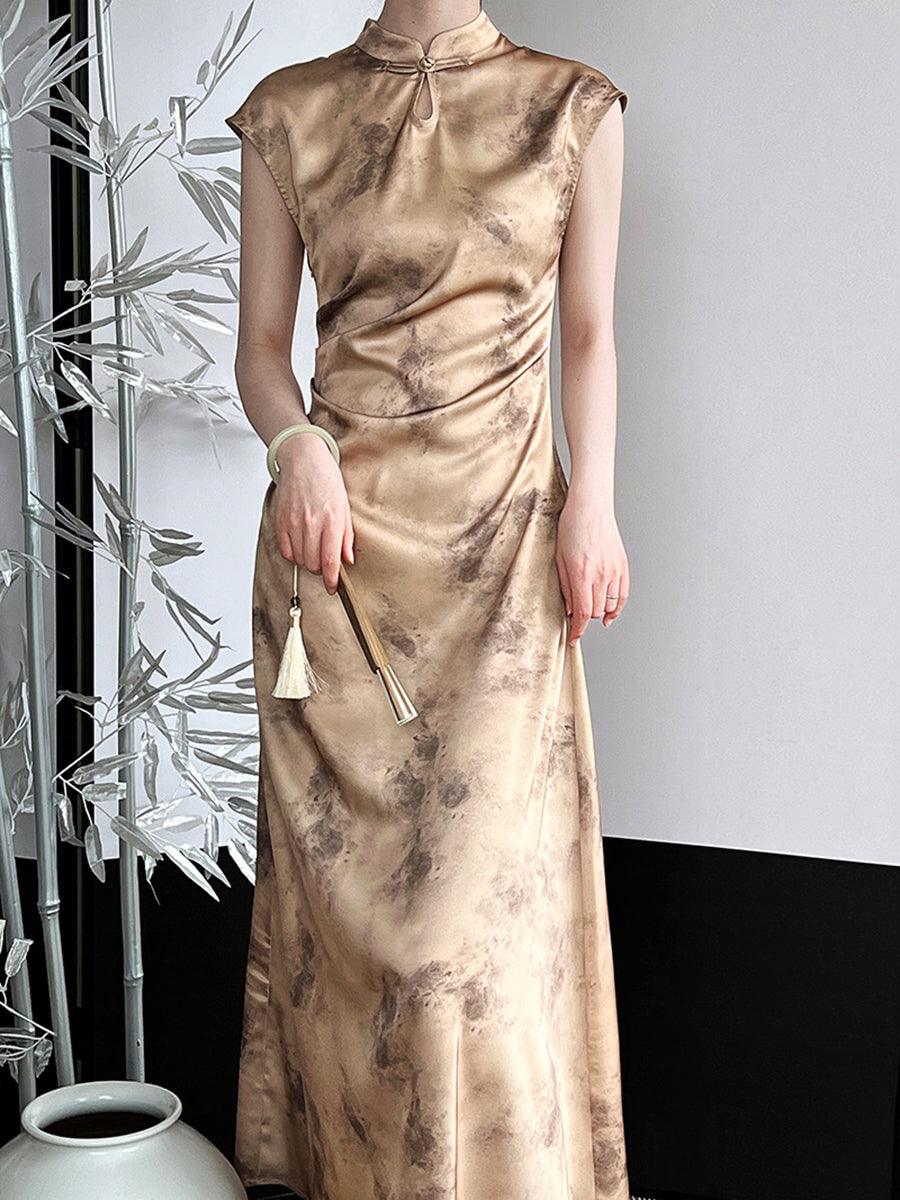 Derpai Elegantes ärmelloses Qipao-Cheongsam aus goldenem Satin