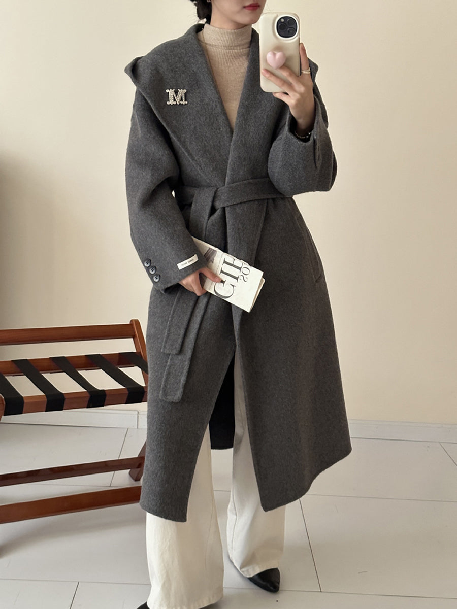 Derpai Langer Wollmantel mit Taschen Gürtel und Kapuze Damen