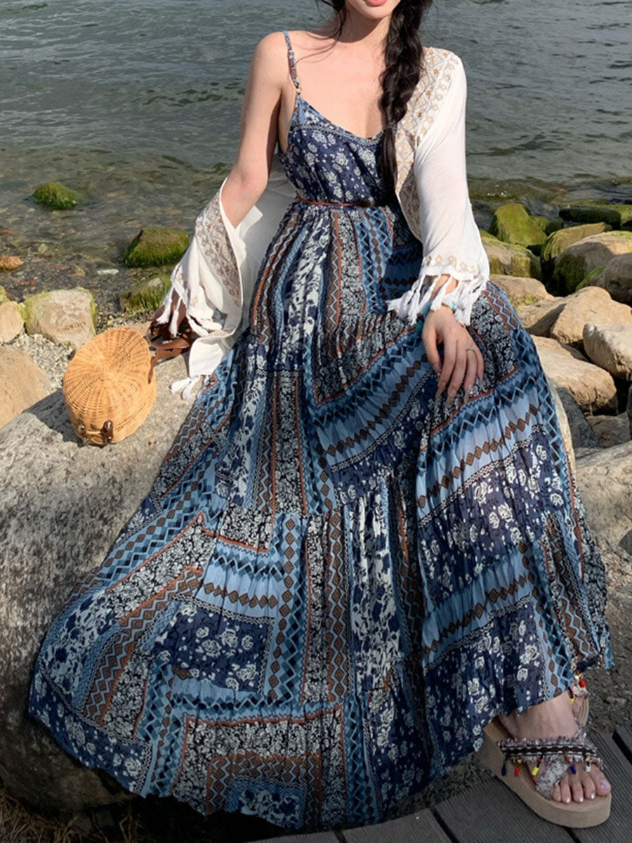 Derpai Langes Boho-Kleid mit Blumenprint und feinen Trägern Blau