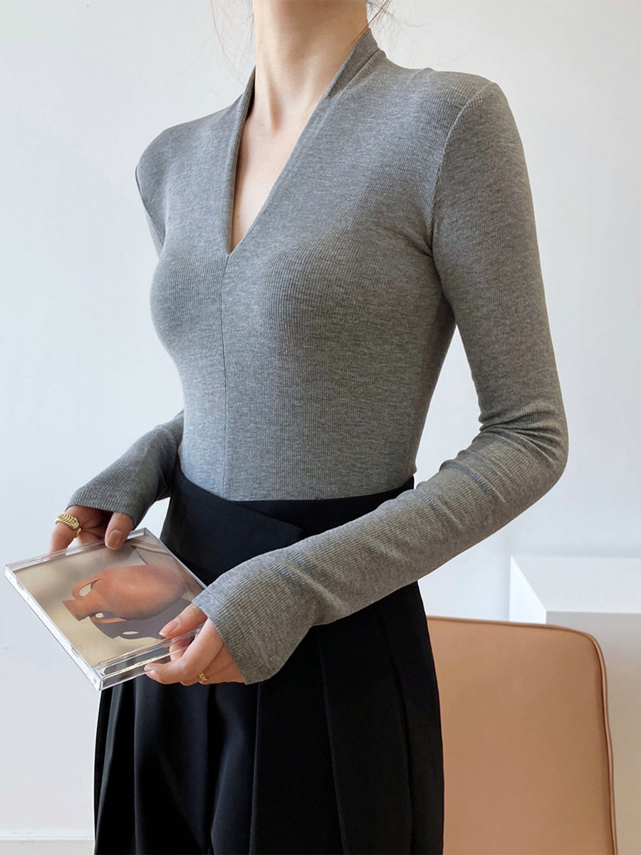 Derpai Geripptes Stricktop mit V-Ausschnitt und langen Ärmeln Damen