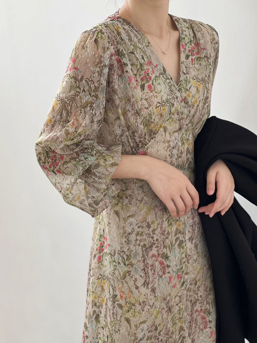 Derpai Elegantes langes Kleid mit Blumenprint Puffärmeln & V-Ausschnitt – für Urlaub