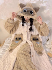 Derpai Pyjama-Set aus Flanell mit Katzenmotiv Taschen und Kapuze
