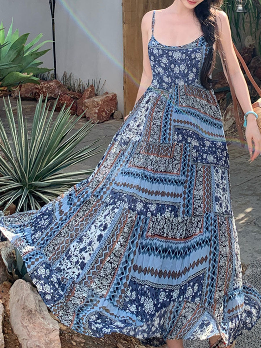 Derpai Langes Boho-Kleid mit Blumenprint und feinen Trägern Blau