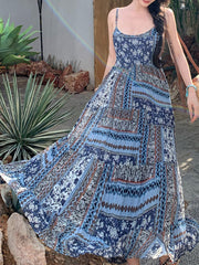 Derpai Langes Boho-Kleid mit Blumenprint und feinen Trägern Blau