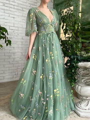 Derpai Maxi-Abendkleid im Bridgerton-Stil aus besticktem Tüll mit Puffärmeln Grün – für Hochzeit