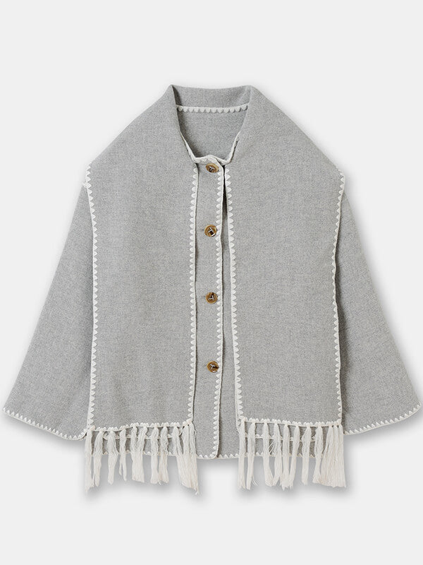 Derpai Modischer Wollmantel mit Fransen und Schal – Damenmode