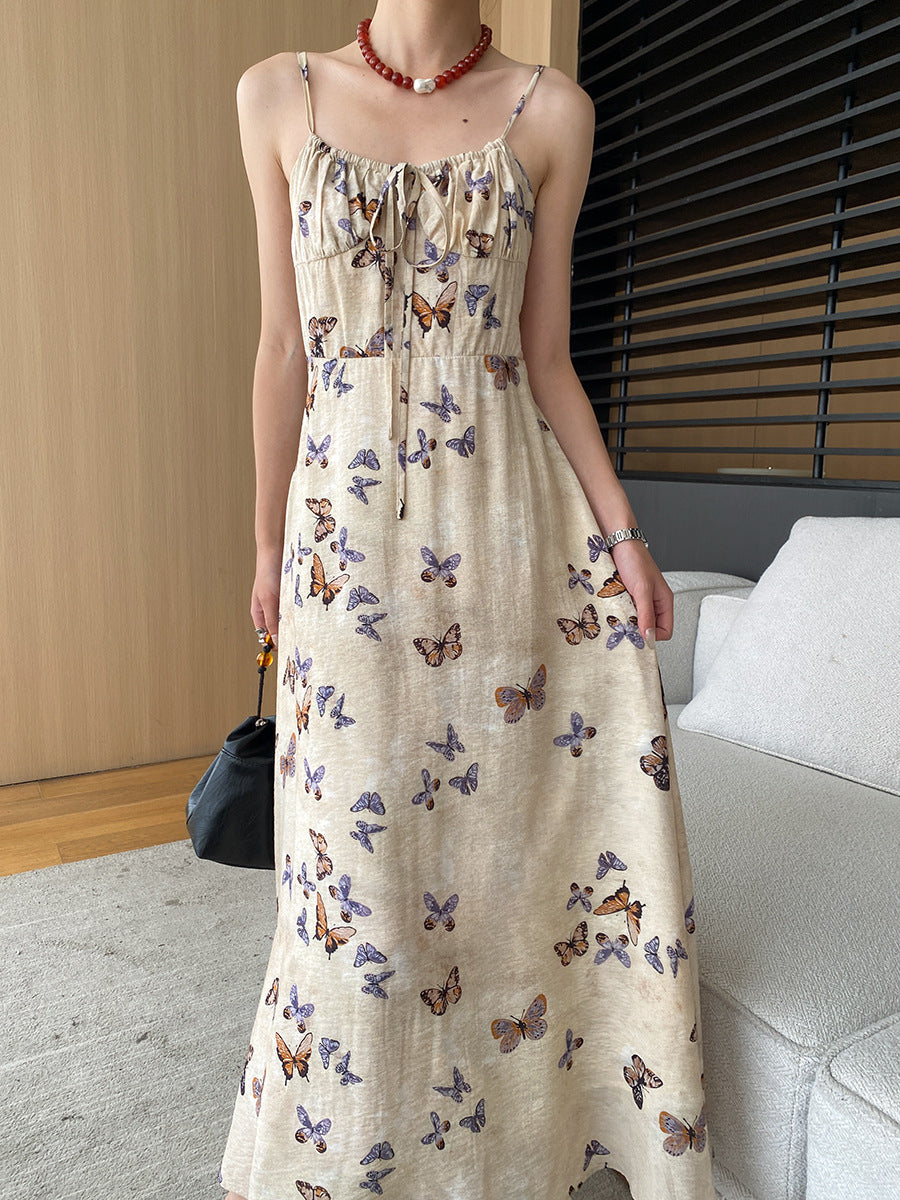 Derpai Langes Kleid mit Schmetterlingsdruck und feinen Trägern