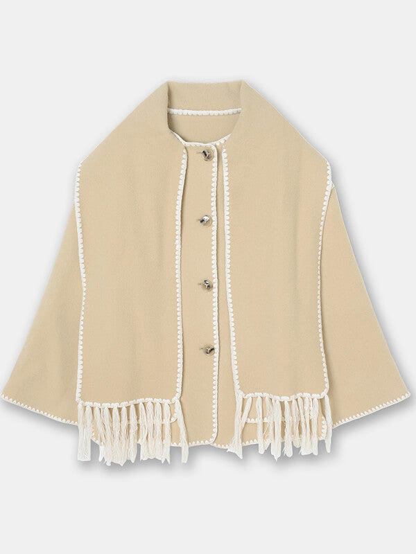 Derpai Modischer Wollmantel mit Fransen und Schal – Damenmode