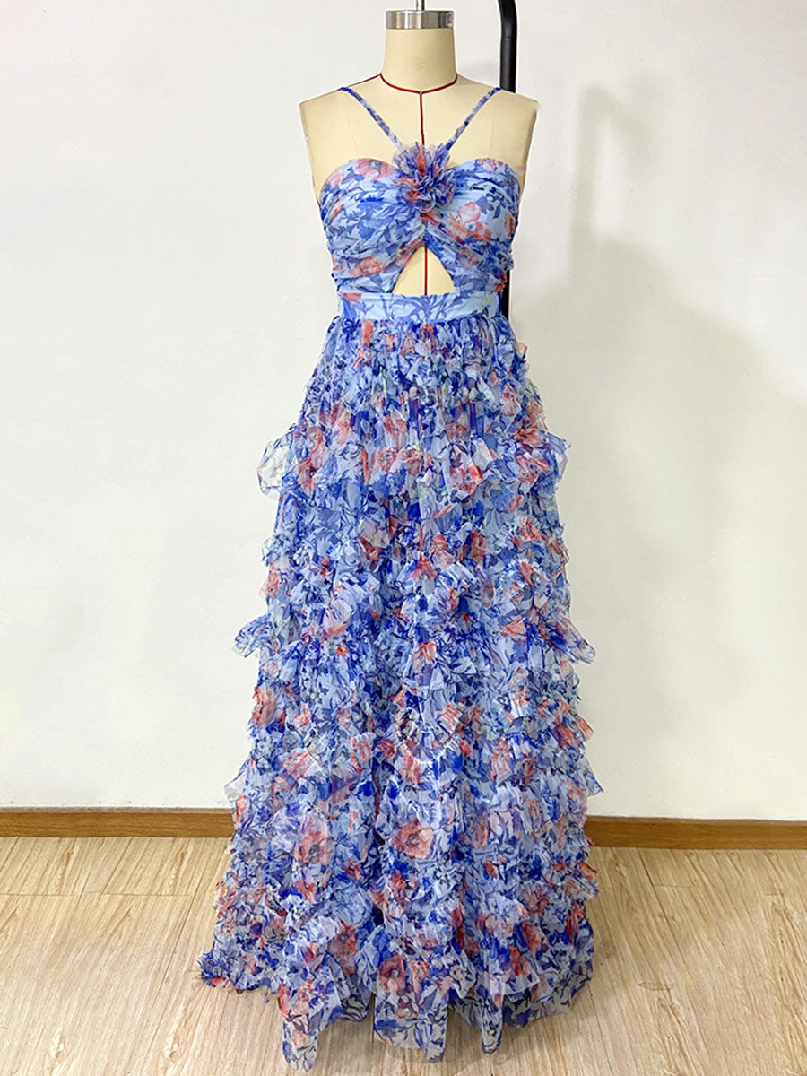 Derpai Langes Chiffonkleid mit Blumenprint und Rückenausschnitt Blau – für Hochzeit
