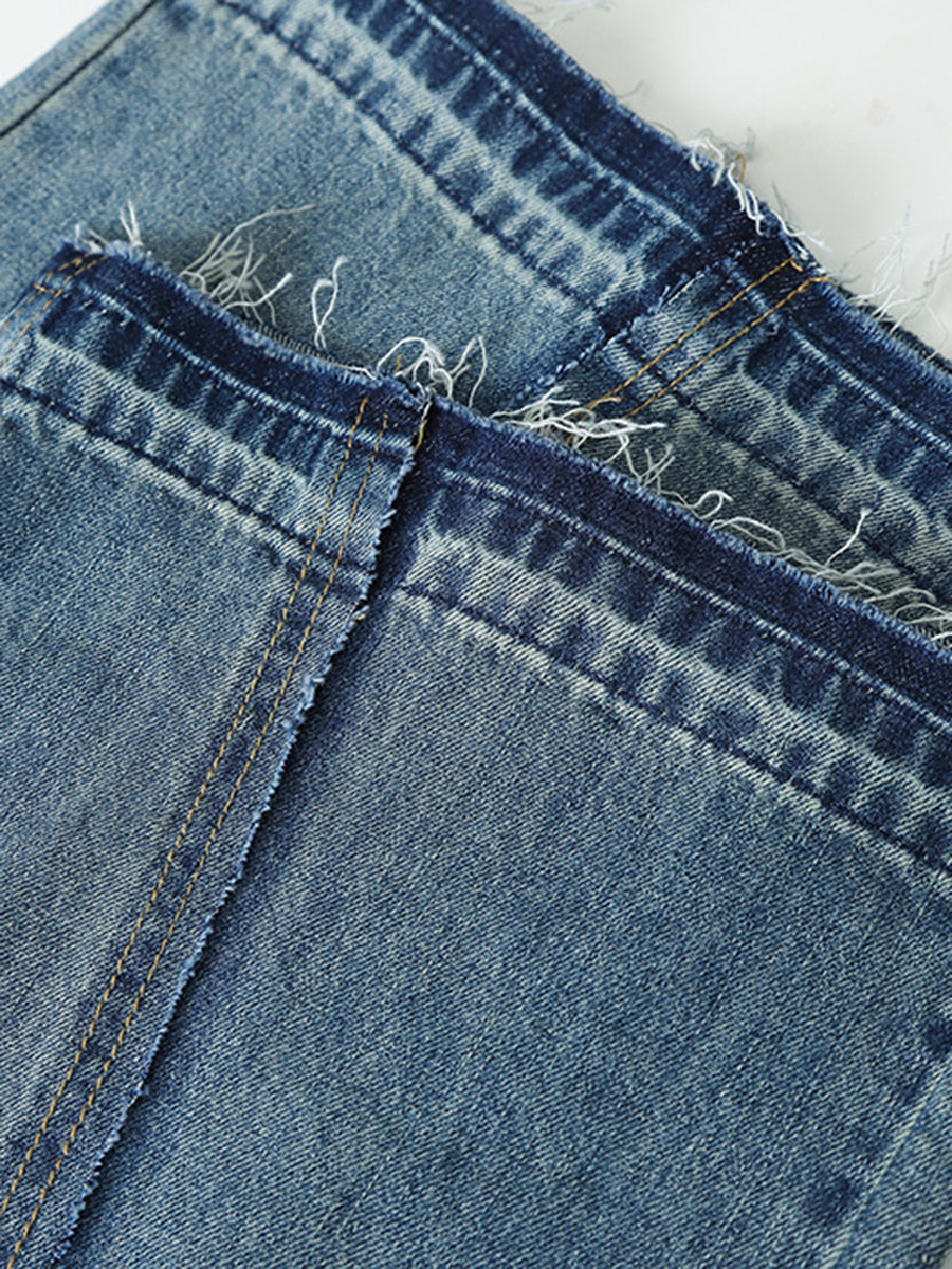 Derpai Lange Schlagjeans im Vintage-Stil mit Taschen und Reißverschluss Damen