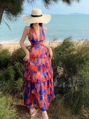 Derpai Langes Neckholder-Kleid mit Rüschen und Rückenausschnitt Orange