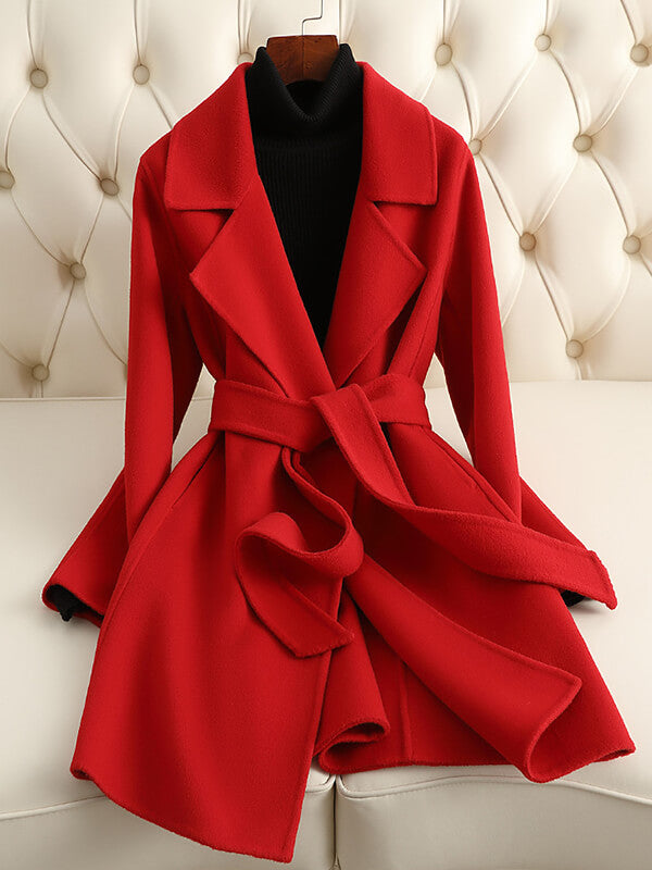 Derpai Eleganter Wollmantel mit Gürtel und Reverskragen Damen Weihnachten