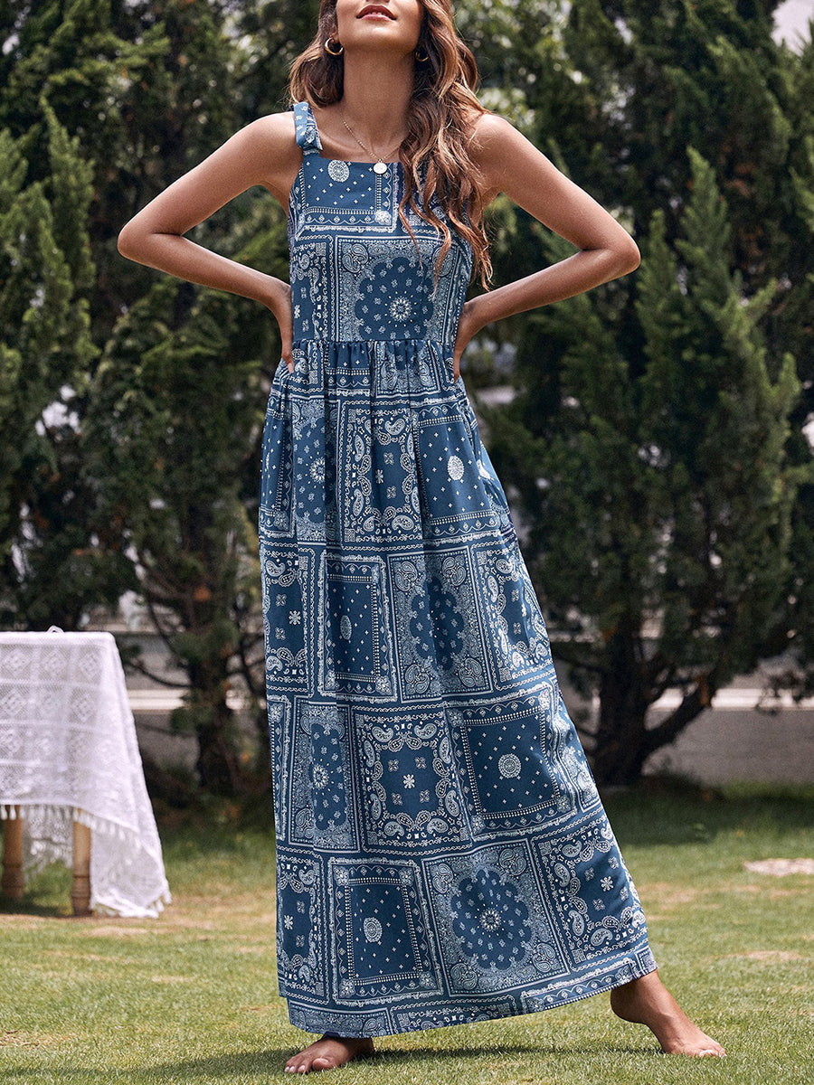 Derpai Langes Kleid mit Trägern Urlaubsstil ethnisch Navy