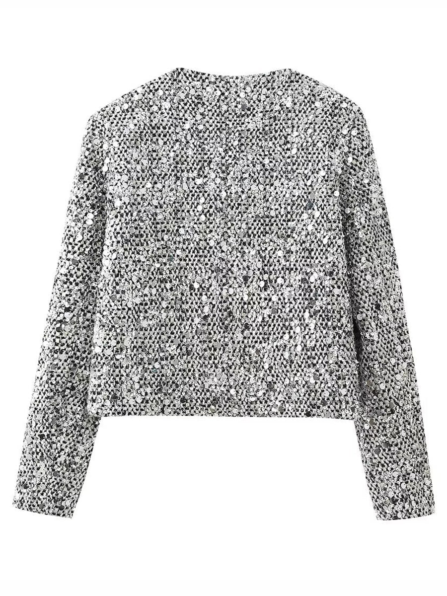 Derpai Glänzende Tweedjacke mit Pailletten und Rundhalsausschnitt Damen Silber