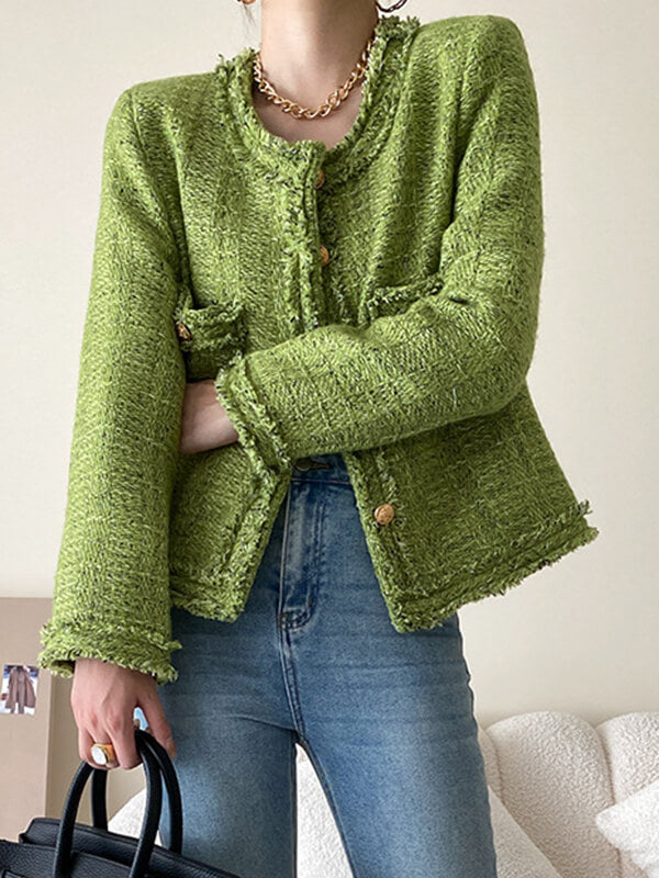 Derpai Kurze Tweedjacke mit Knöpfen Rundhalsausschnitt und Taschen Damen