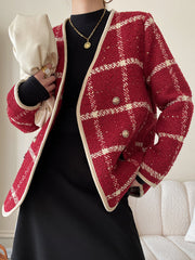 Derpai Tweedjacke mit Steppfutter Karomuster doppelreihige Knopfleiste Damen