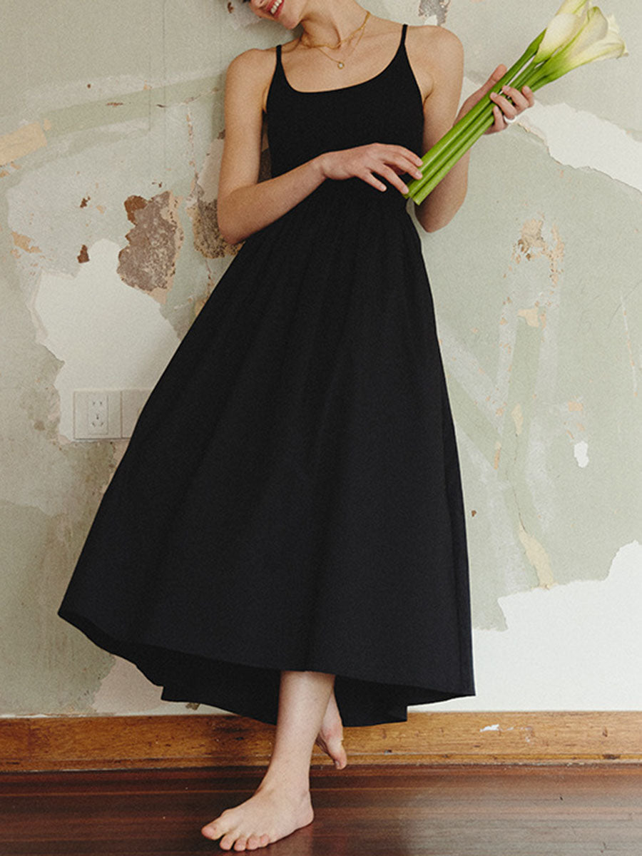 Derpai Schwarzes Trapez-Abendkleid mit feinen Trägern lang