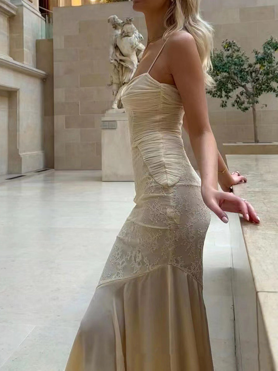 Derpai Langes figurbetontes Abendkleid aus Spitze und Chiffon Meerjungfrau-Stil