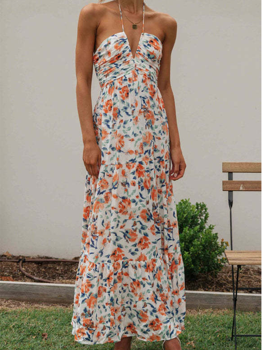 Derpai Langes Kleid aus Chiffon mit Blumenmuster Neckholder Rückenfrei Urlaub