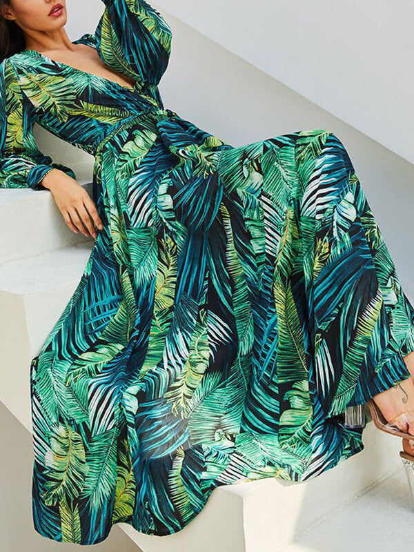 Derpai Langes Boho-Kleid aus Chiffon mit tropischem Print und V-Ausschnitt – Grün