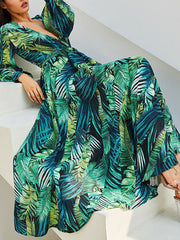 Derpai Langes Boho-Kleid aus Chiffon mit tropischem Print und V-Ausschnitt – Grün