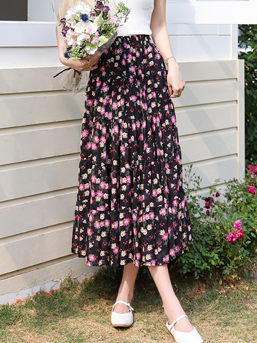 Derpai Boho-Maxirock aus Chiffon mit Blumenprint & Gummibund