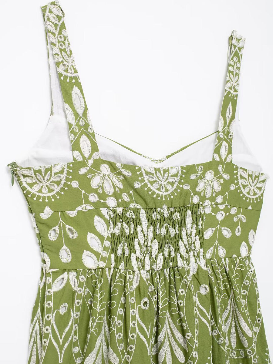 Derpai Langes Abendkleid mit Paisley-Stickerei Grün ärmellos feine Träger – für Ball & Strand