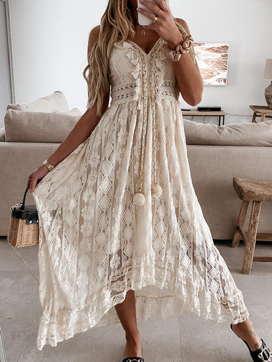 Derpai Boho-Kleid mit Stickerei & Pompons – vorne kurz hinten lang