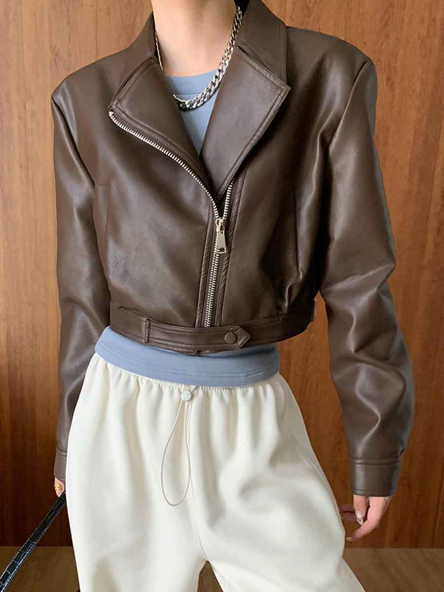 Derpai Kurze Damen-Bikerjacke aus Kunstleder mit Taschen und Reißverschluss